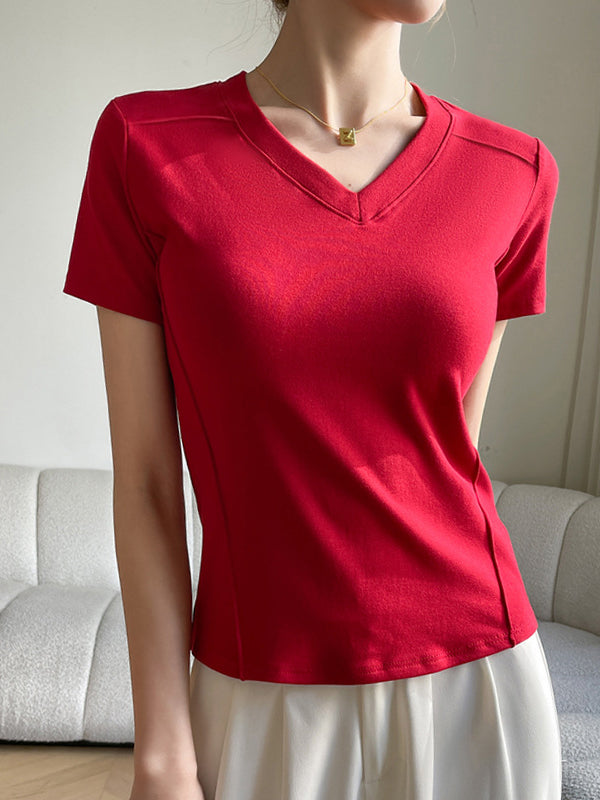 Short Sleeves Skinny Solid Color Split-Joint V-Neck T-Shirts