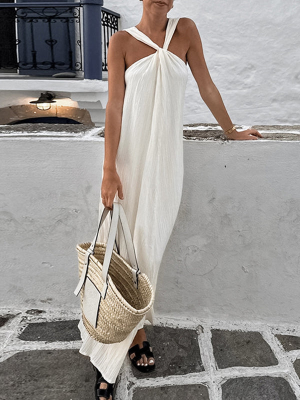 Loose Sleeveless Pleated Solid Color Spaghetti-Neck Maxi Dresses