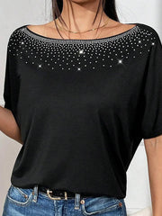 Batwing Sleeves Loose Rhinestone Split-Joint One-Shoulder T-Shirts