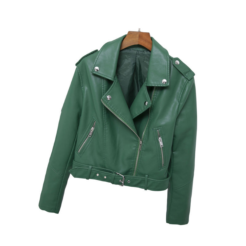 Autumn Epaulet Collared Short Belt Women Faux Leather Coat Simple Leather Jacket Motorcycle Jacket