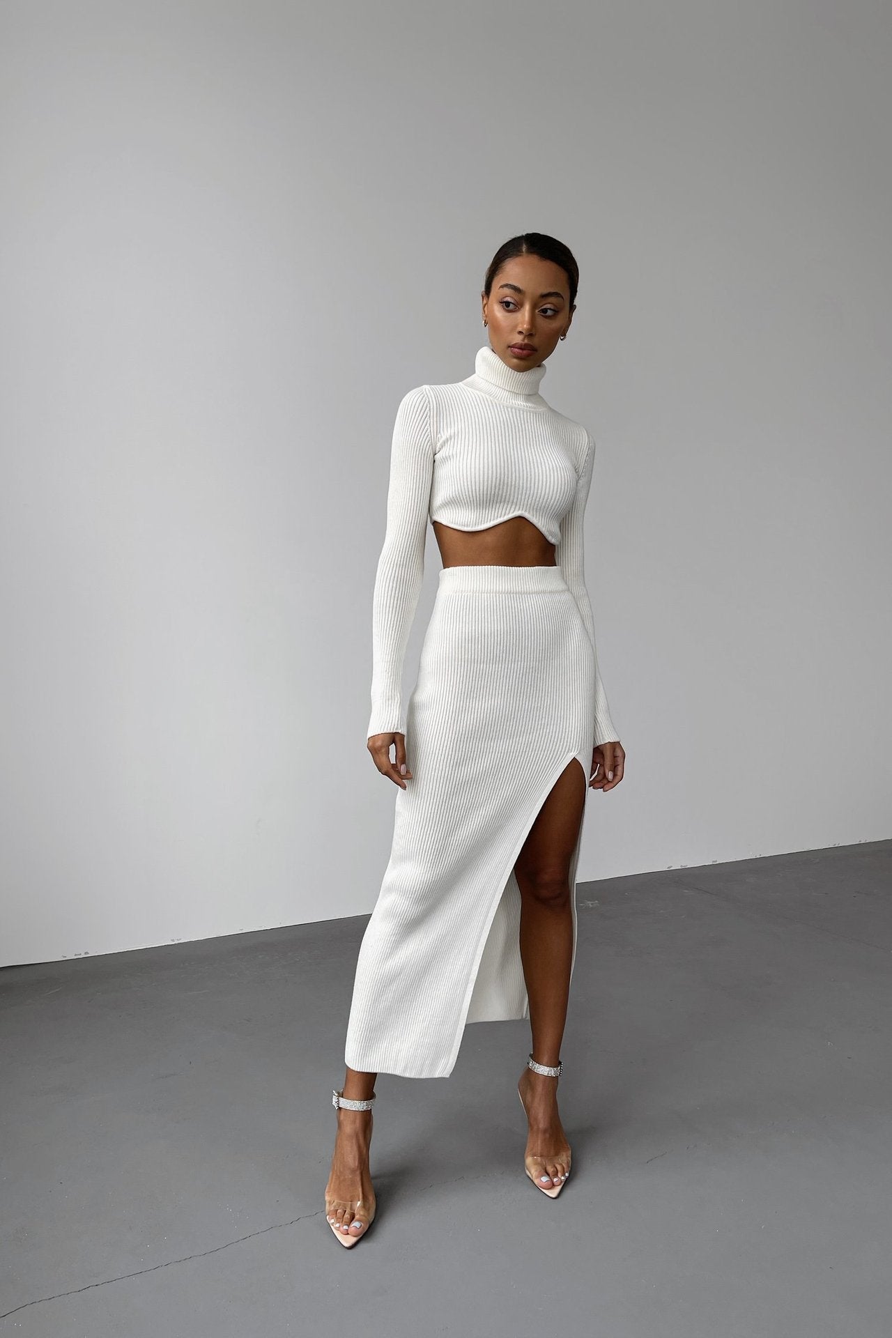 Women Clothing Autumn Winter Thread Turtleneck Irregular Asymmetric Skirt Slit Slim