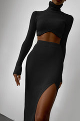 Women Clothing Autumn Winter Thread Turtleneck Irregular Asymmetric Skirt Slit Slim