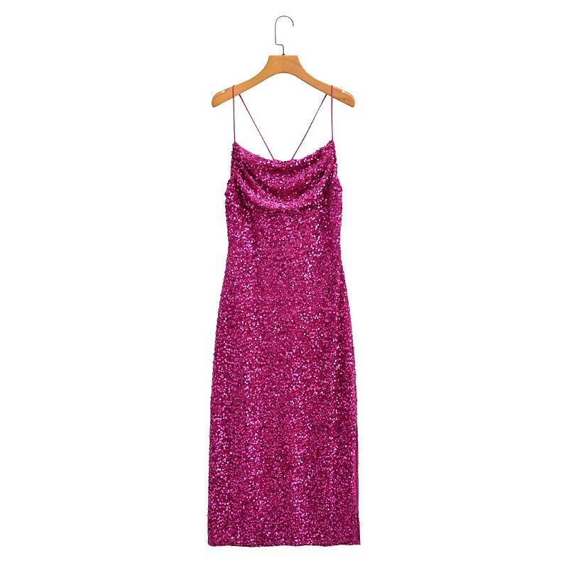 Women Formal Elegant Sequin Cami Split Dress