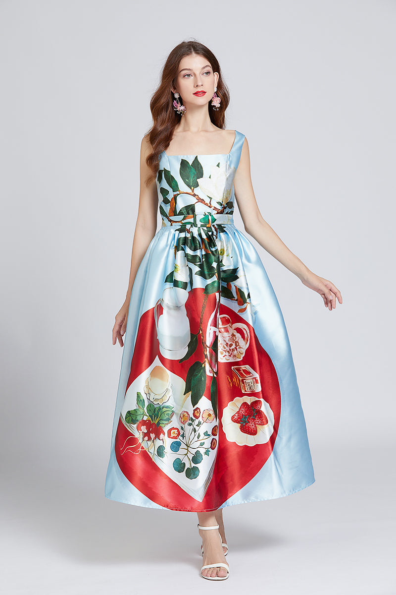 Women Summer Printed Belted A Line Maxi Dress