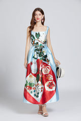 Women Summer Printed Belted A Line Maxi Dress