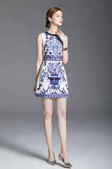 Women Summer Printed Sleeveless A Line Short Dress