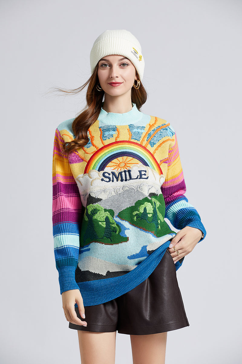 Women  New Autumn And Winter Heavy   Embroidery Rainbow Color Matching Rabbit Velvet Sweater Loose Thick Jacquard Top