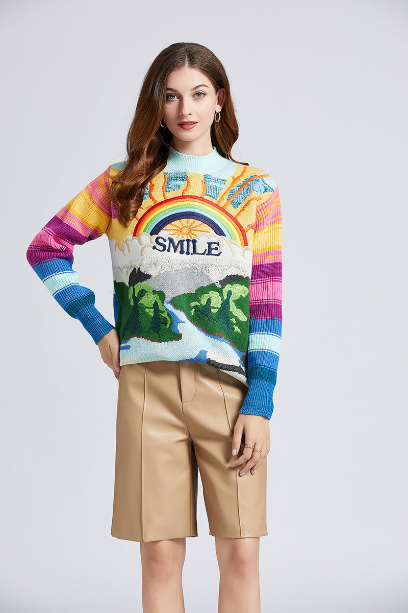 Women  New Autumn And Winter Heavy   Embroidery Rainbow Color Matching Rabbit Velvet Sweater Loose Thick Jacquard Top