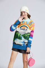 Women  New Autumn And Winter Heavy   Embroidery Rainbow Color Matching Rabbit Velvet Sweater Loose Thick Jacquard Top