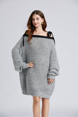 Women New Fall Winter Sexy Shoulder Strap Sparkling Silver Silk Bright Line Lazy Sweater Loose Dress