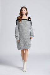 Women New Fall Winter Sexy Shoulder Strap Sparkling Silver Silk Bright Line Lazy Sweater Loose Dress