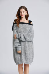 Women New Fall Winter Sexy Shoulder Strap Sparkling Silver Silk Bright Line Lazy Sweater Loose Dress