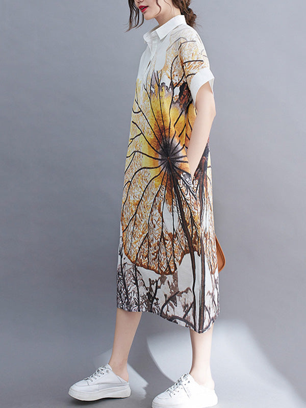 Artistic Retro Floral Printed Buttoned Lapel Collar Short Sleeves Midi Shirt Dress