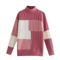 French Irregular Asymmetric Stitching Cable Knit Sweater Women Autumn Winter Loose Pullover High Collar Knitwear Top