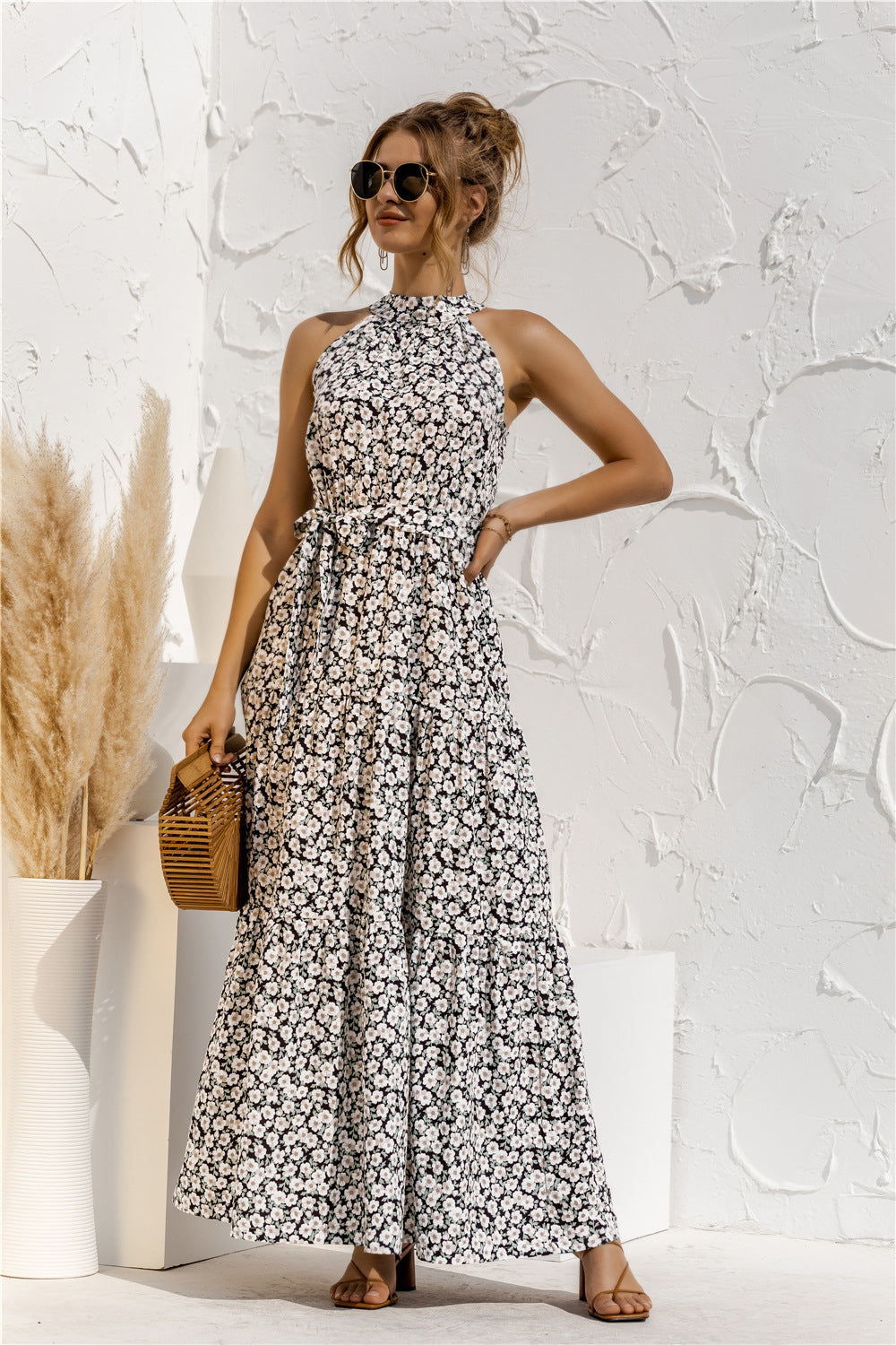 Polka Dot Printed Halter Tied Dress Dress