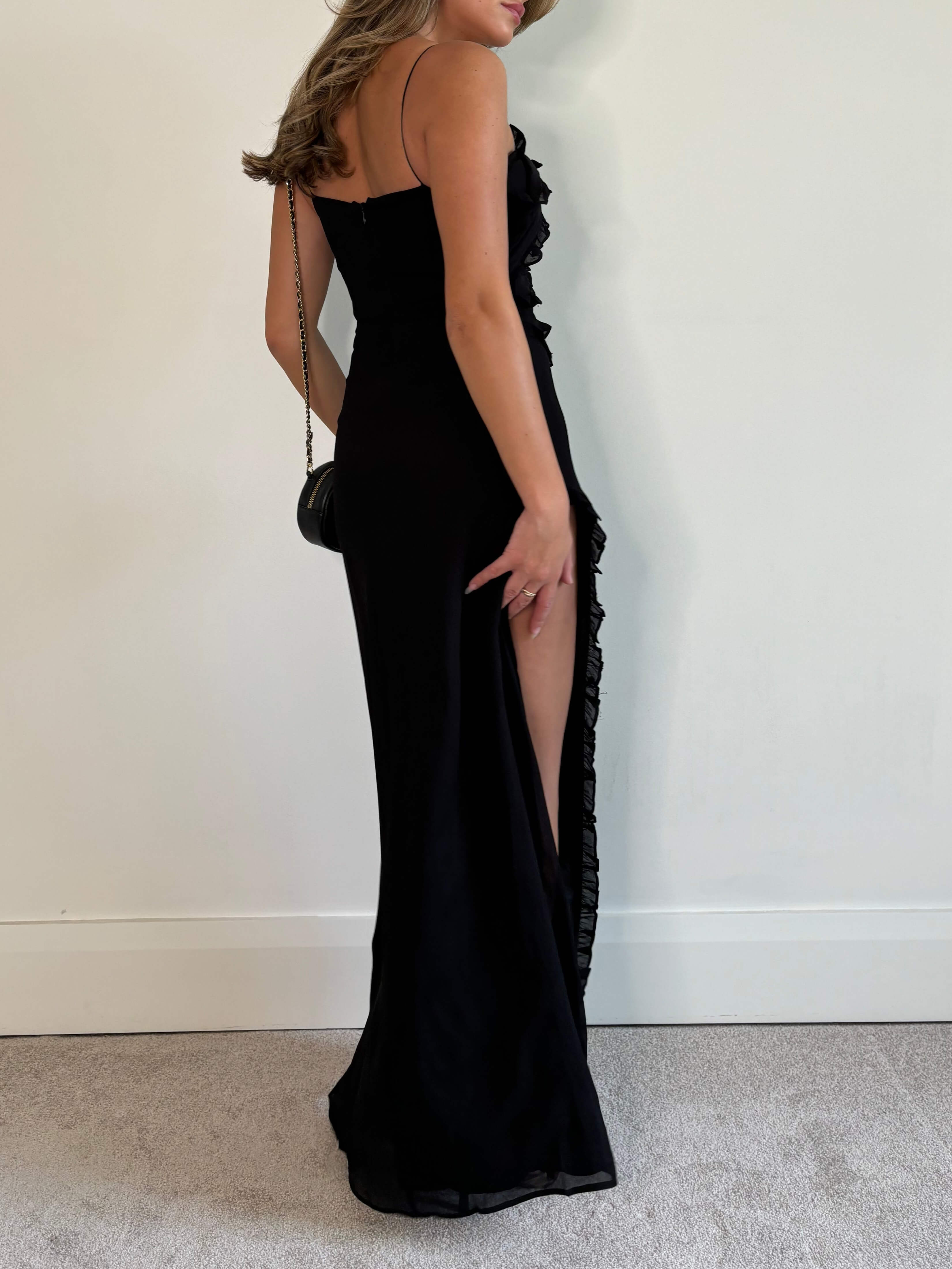 Rose Black Pleated Unique Neckline Side Slit Maxi Dress