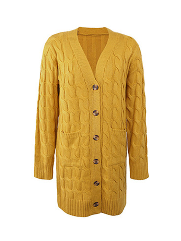 Urban Simple Loose Buttoned Solid Color Jacquard Cardigan Coat