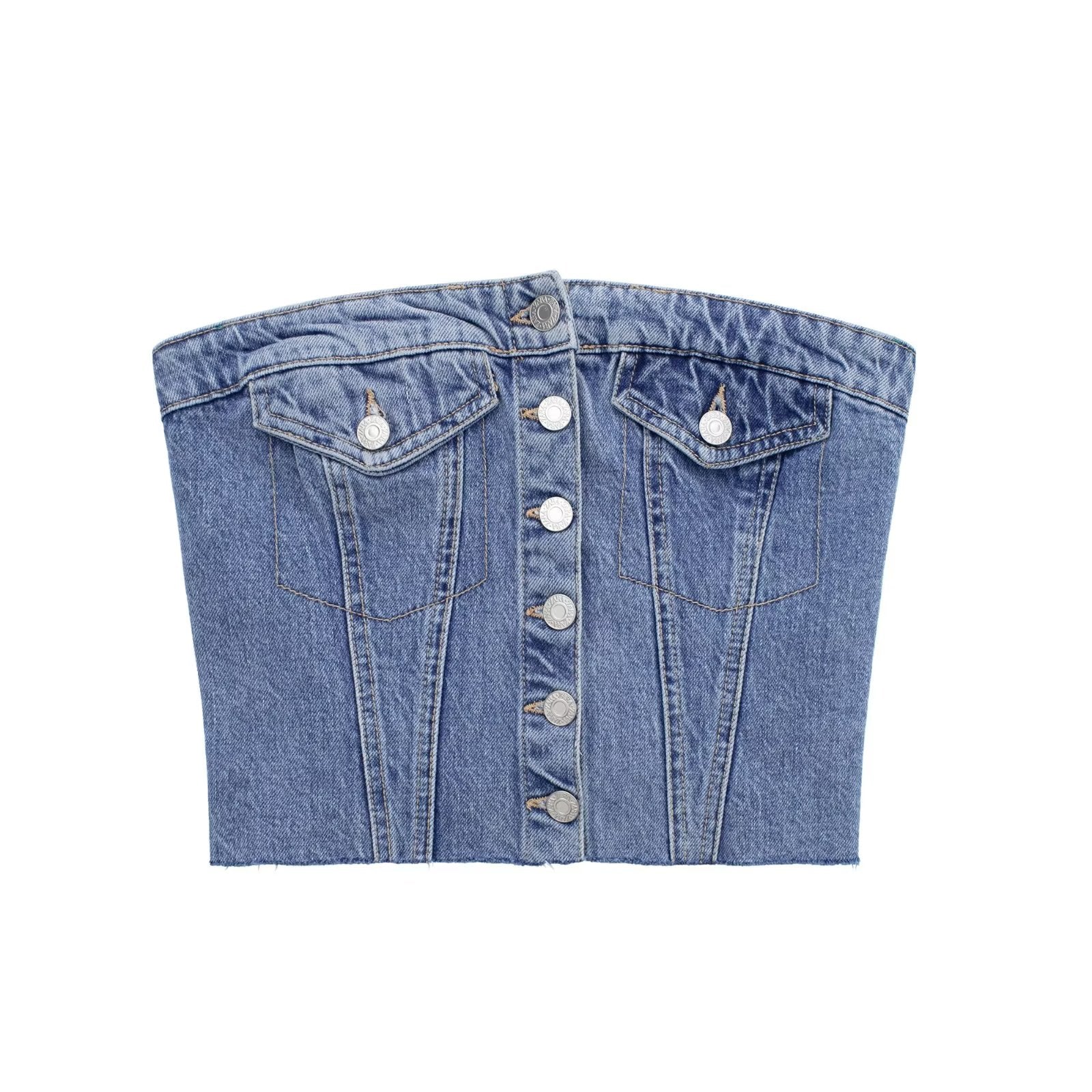 Autumn Washed Denim Corset Tube Top – Sweet Sleeveless Women’s Top