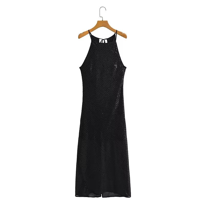 Spring Autumn Women Clothing Sequined Round Neck Sleeveless Sexy Dress