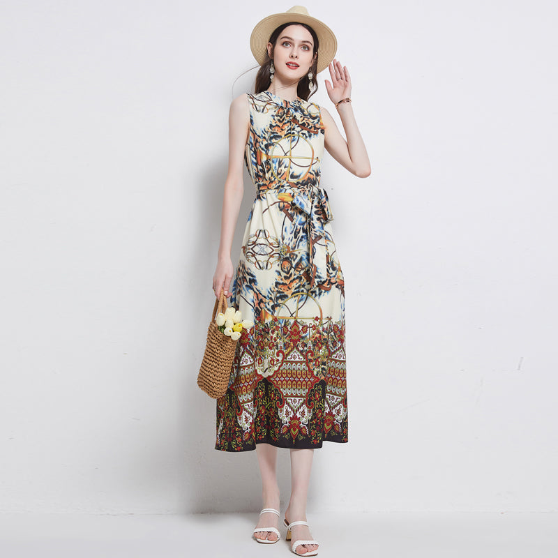 Elegant Sleeveless Floral Belted A Line Max Dress – Exquisite Summer Fashion