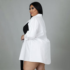 Plus Size Solid Color Stitching Lace up Loose Shirt Dress