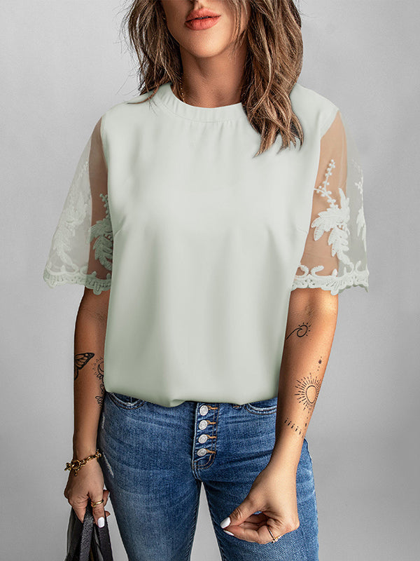 Original Loose Solid Color Lace Split-Joint T-Shirt Top