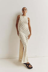 Hollow Out Cutout Mesh Beach Vacation Sexy Dress Knitted Slit Dress Summer