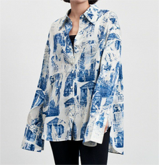 Fall Satin Architectural Printing Front Short Back Length Loose Casual Long Sleeves Shirt Top