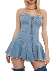 Sexy Denim Cami Dress Women Summer Lace Up Crisscross Waist Slimming Wrapped Chest