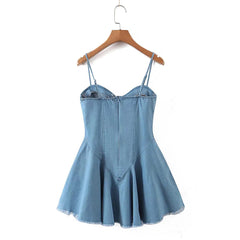 Sexy Denim Cami Dress Women Summer Lace Up Crisscross Waist Slimming Wrapped Chest