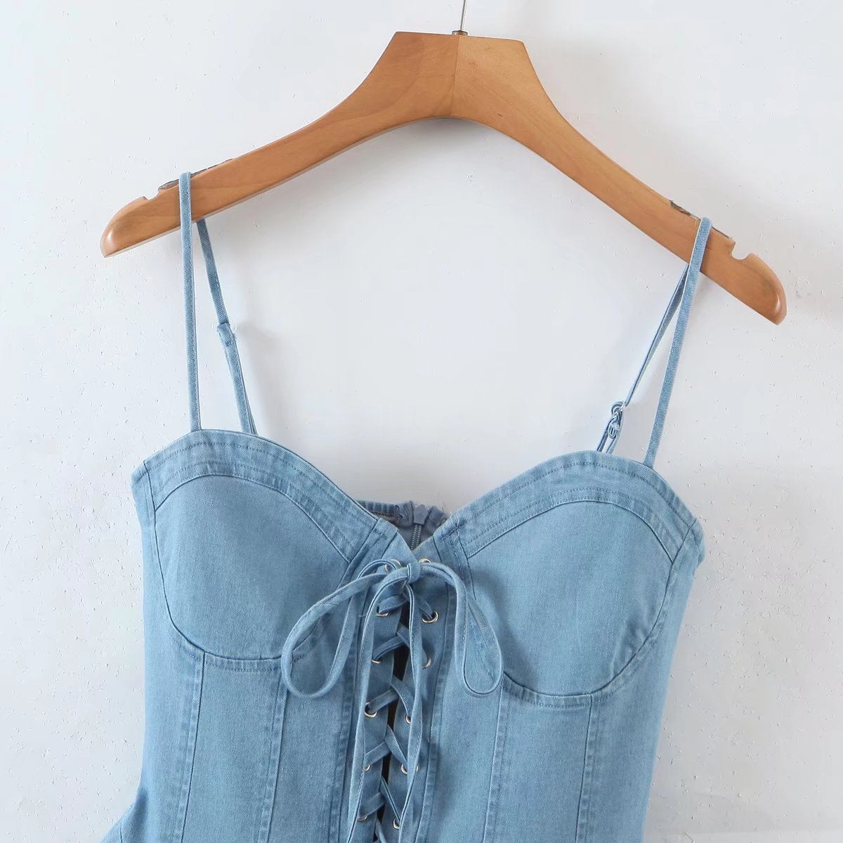 Sexy Denim Cami Dress Women Summer Lace Up Crisscross Waist Slimming Wrapped Chest