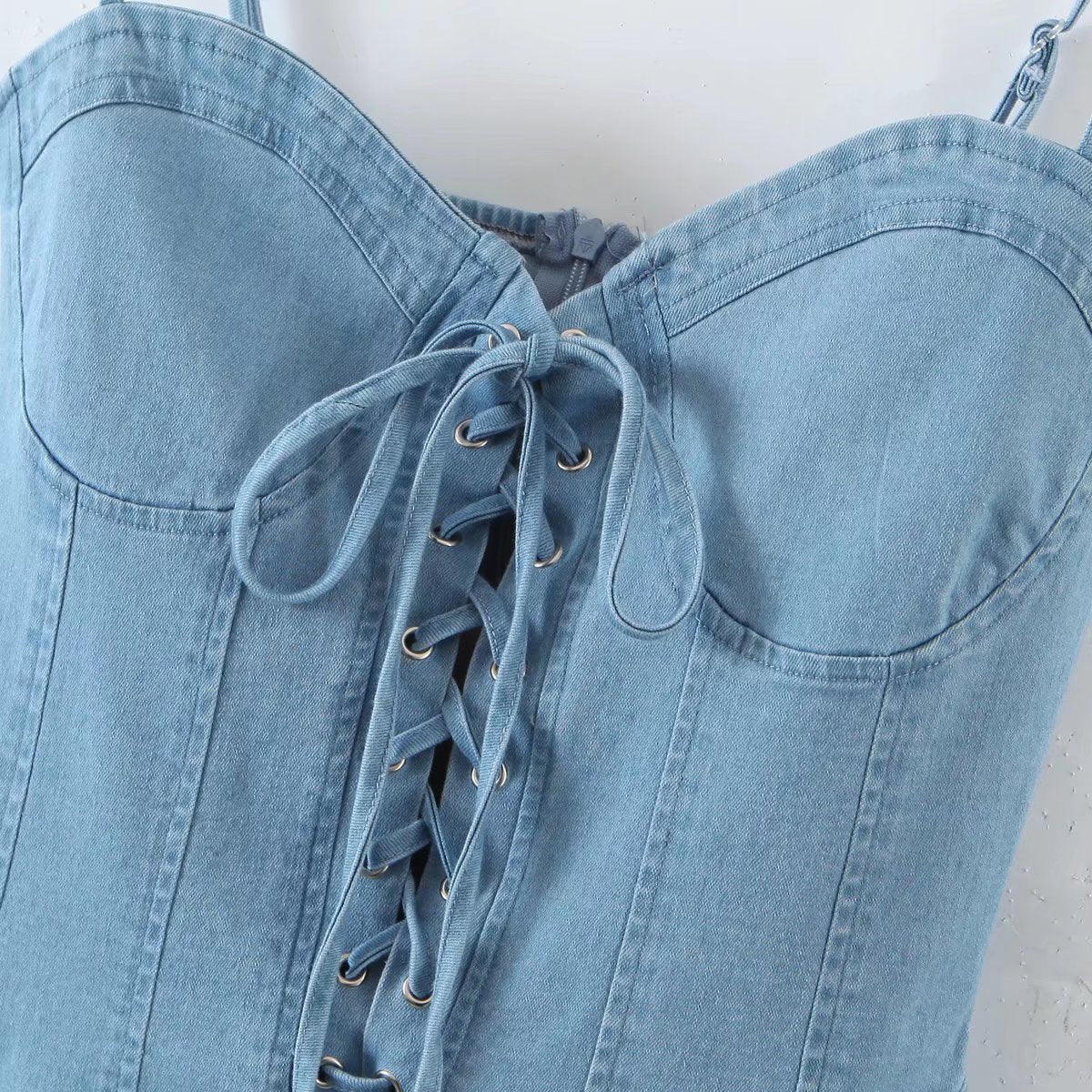 Sexy Denim Cami Dress Women Summer Lace Up Crisscross Waist Slimming Wrapped Chest