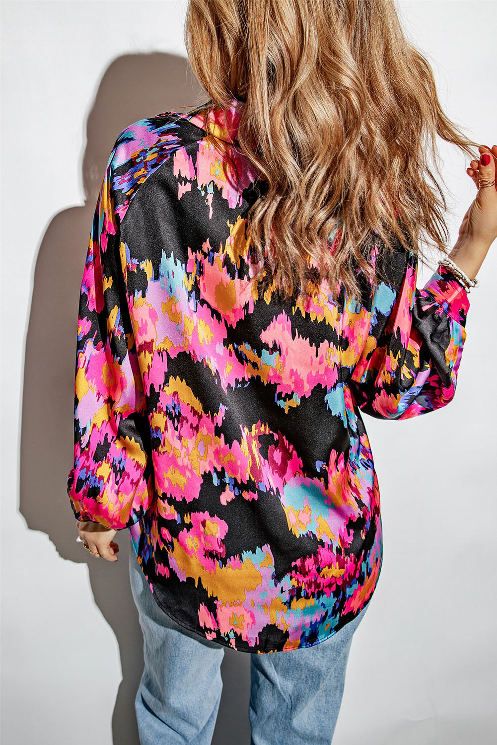 Purple Graffiti Printed V Neck Puff Sleeve Blouse