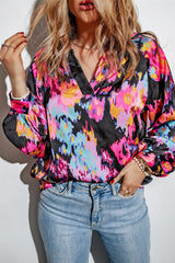 Purple Graffiti Printed V Neck Puff Sleeve Blouse