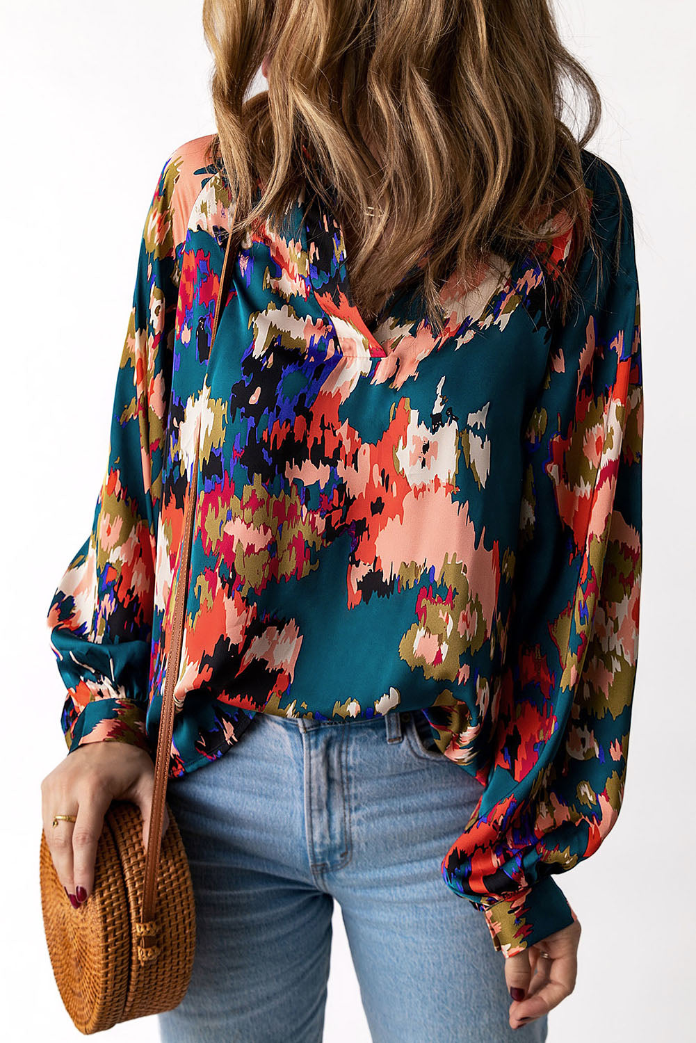 Purple Graffiti Printed V Neck Puff Sleeve Blouse