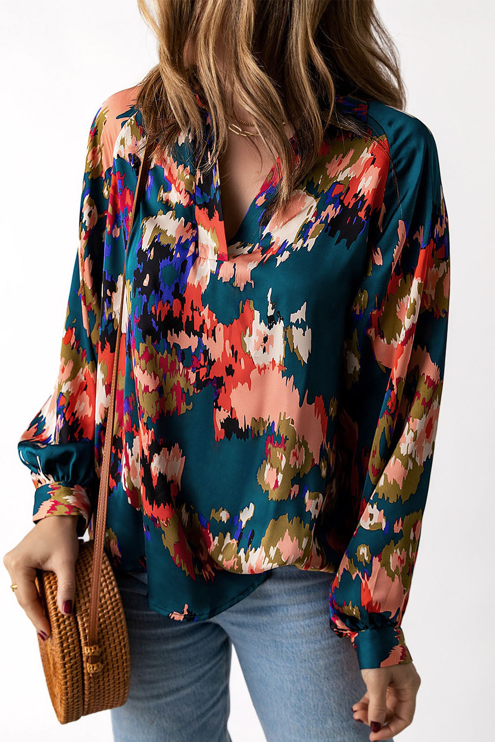 Purple Graffiti Printed V Neck Puff Sleeve Blouse