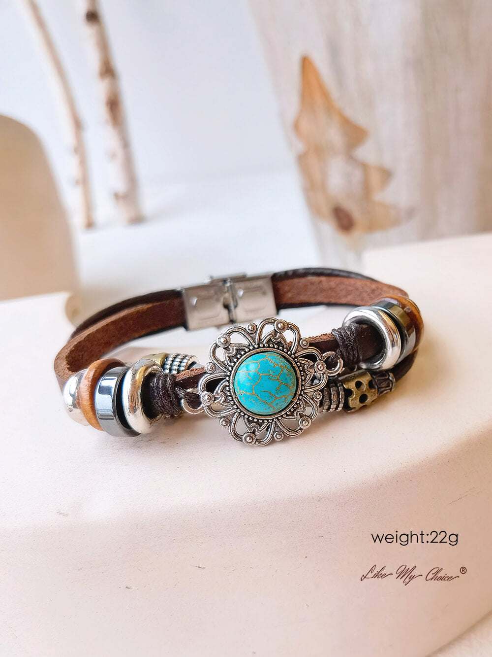 Bohemian Ethnic Turquoise Bracelet  Leather Chain and Totem Element