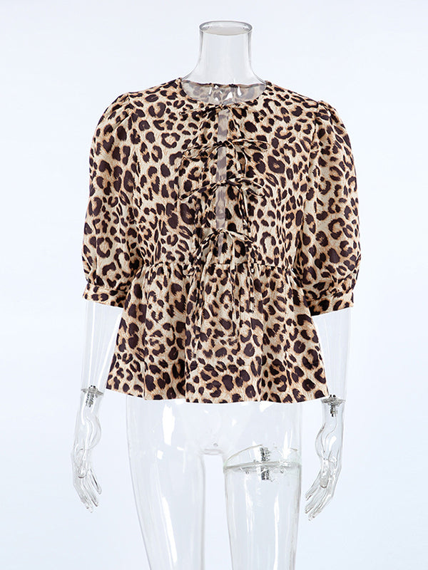 Half Sleeves Loose Elasticity Leopard Pleated Split-Joint Tied Round-Neck Blouses&Shirts Tops