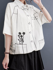 Loose Short Sleeves Buttoned Printed Lapel Blouses&Shirts Tops