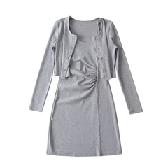 Pure Sexy Suit Women Autumn Winter Short Slim Long Sleeve Cardigan Inner Wear Pleated Cami Dress