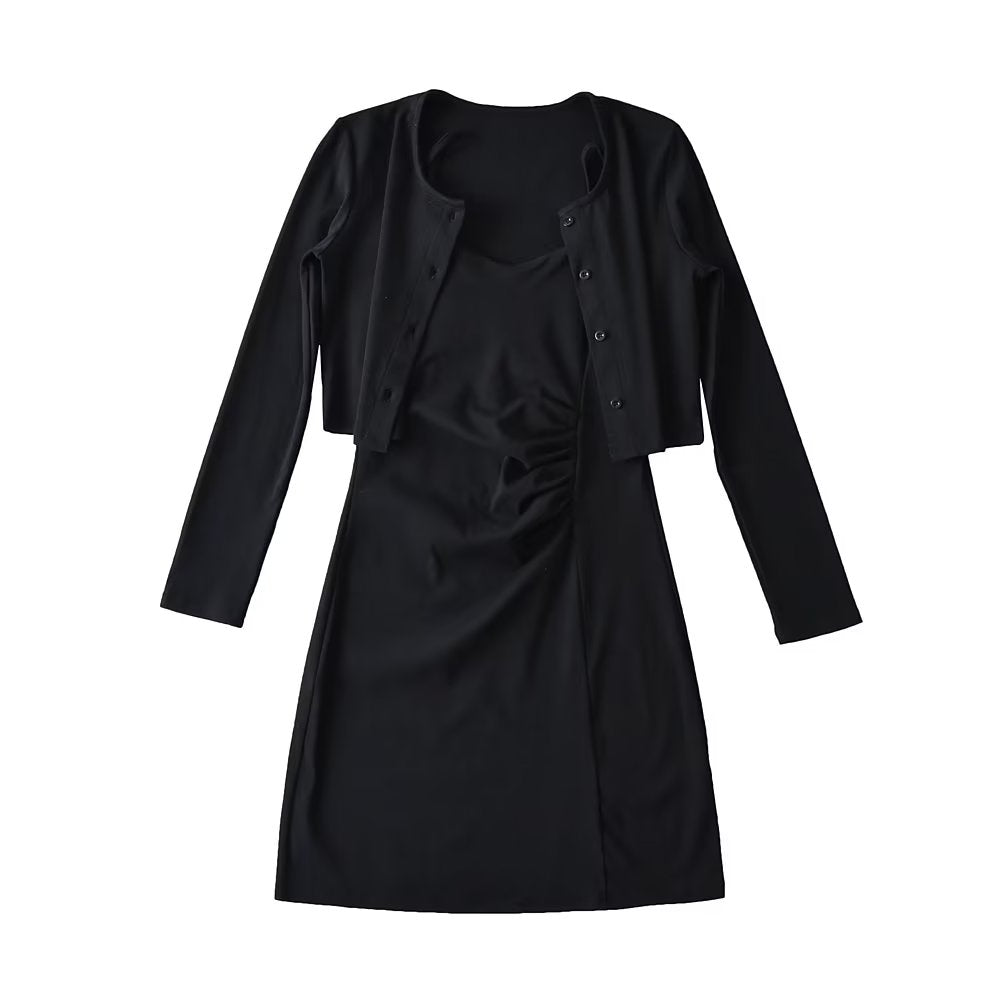 Pure Sexy Suit Women Autumn Winter Short Slim Long Sleeve Cardigan Inner Wear Pleated Cami Dress