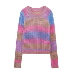 Retro Soft Glutinous Pullover Sweater Autumn Winter Rainbow Gradient Color Loose Long Sleeve round Neck Knitted Top Thick