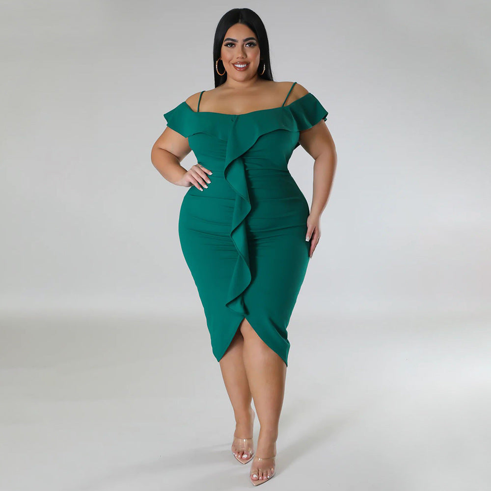 Plus Size Women Sweet Solid Color Dress off Neck Midi Dress