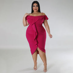 Plus Size Women Sweet Solid Color Dress off Neck Midi Dress