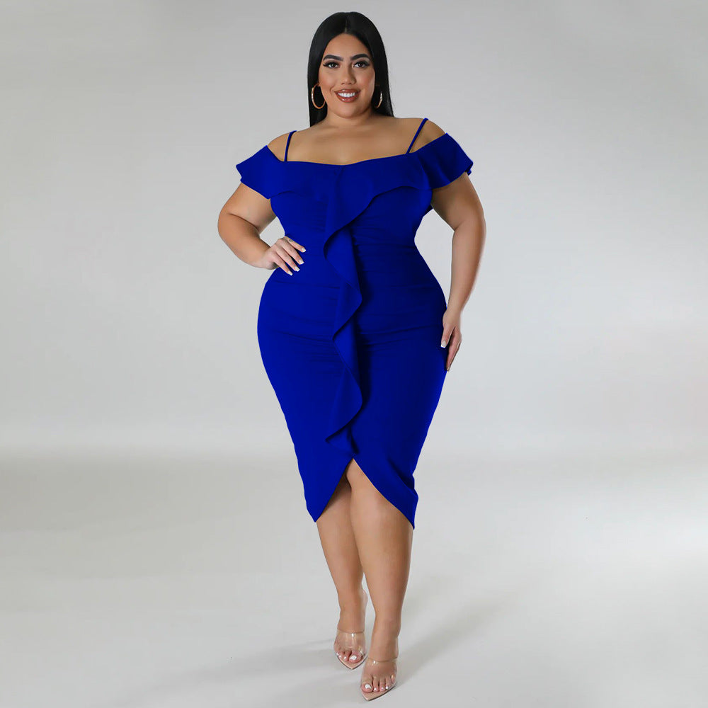 Plus Size Women Sweet Solid Color Dress off Neck Midi Dress