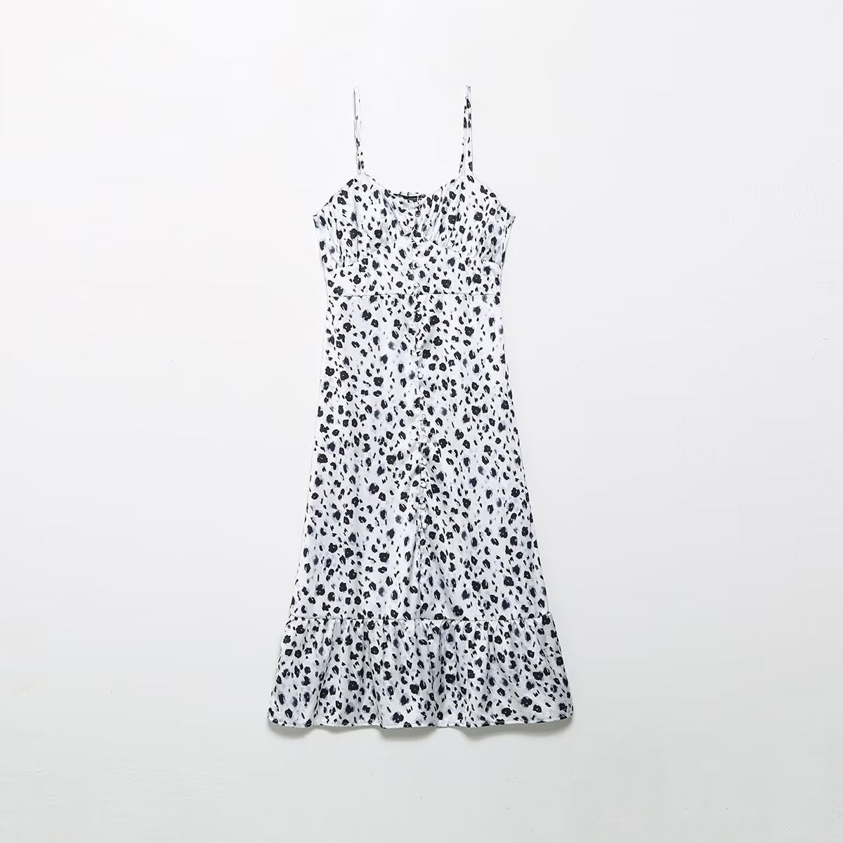 Fall Women Clothing French V Neck Animal Print Midi Dress Cami Dress – Breasted Style