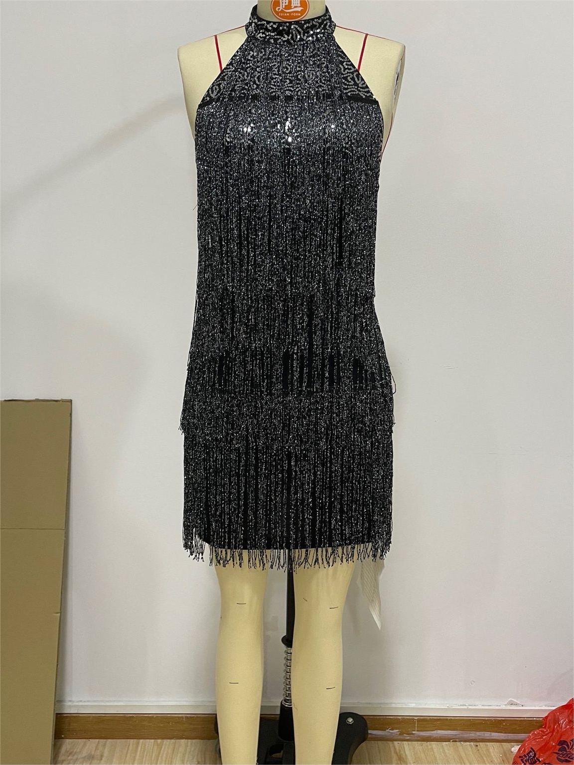 Women Clothing Sexy Low Cut V neck Chest Sequined Material Back Cross Strap Dress