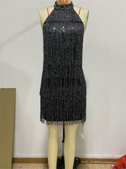 Women Clothing Sexy Low Cut V neck Chest Sequined Material Back Cross Strap Dress