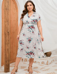 Plus Size Summer Dress Collar Short Sleeve Side Split Mid length Shirt Dress