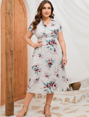 Plus Size Summer Dress Collar Short Sleeve Side Split Mid length Shirt Dress